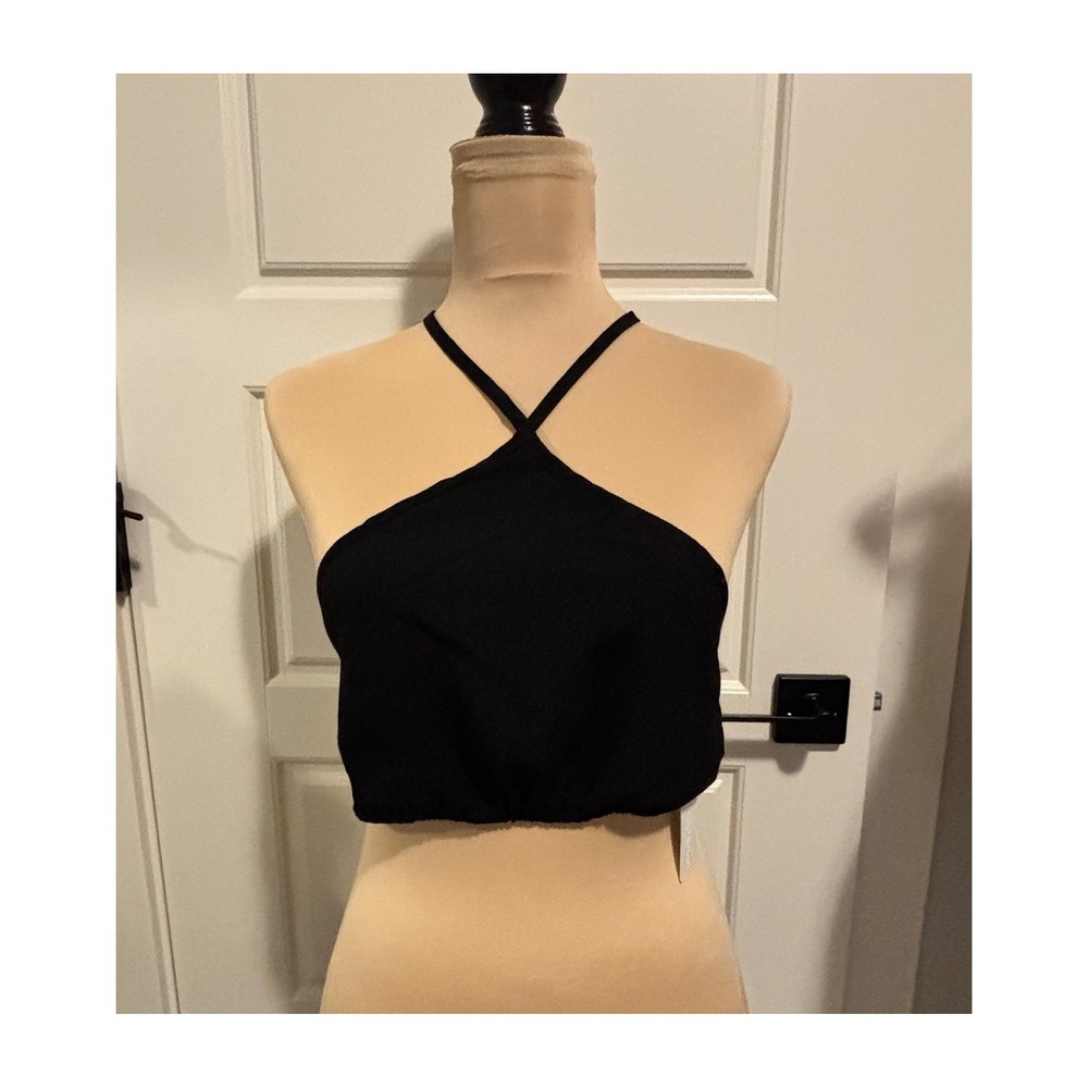 Olivaceous Halter Crop Top Womens L Black Open Back Tie Beachwear Resortwear